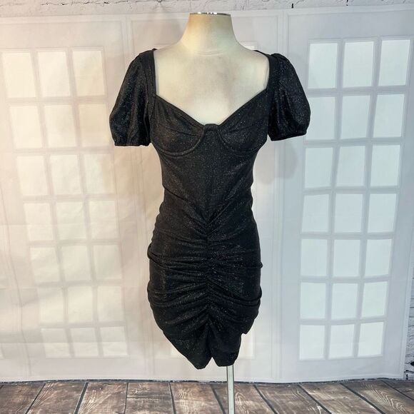 Prettylittlething Black NWT Glitter Ruched Puff Sleeve Cup Detail Bodycon Dress - Picture 3 of 13